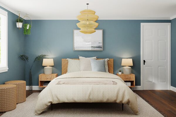 Quarto em azul petróleo ou cinza grafite com madeira e iluminação pontual, estilo urbano.