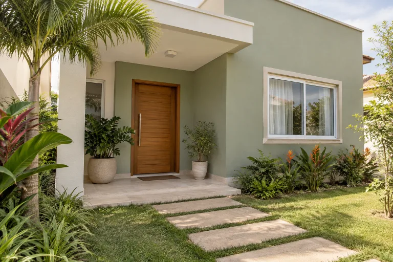 Fachada residencial verde-clara com jardim