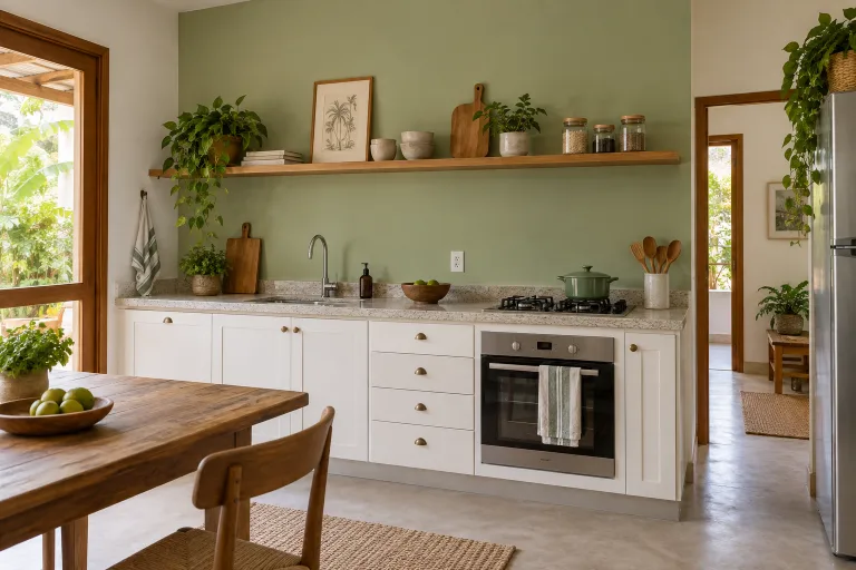 Cozinha com parede verde e armários brancos