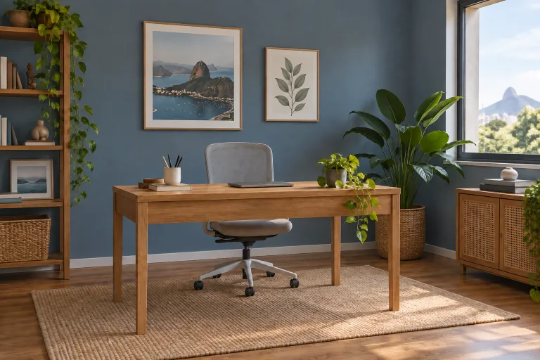 Escritório com parede azul e mesa de madeira