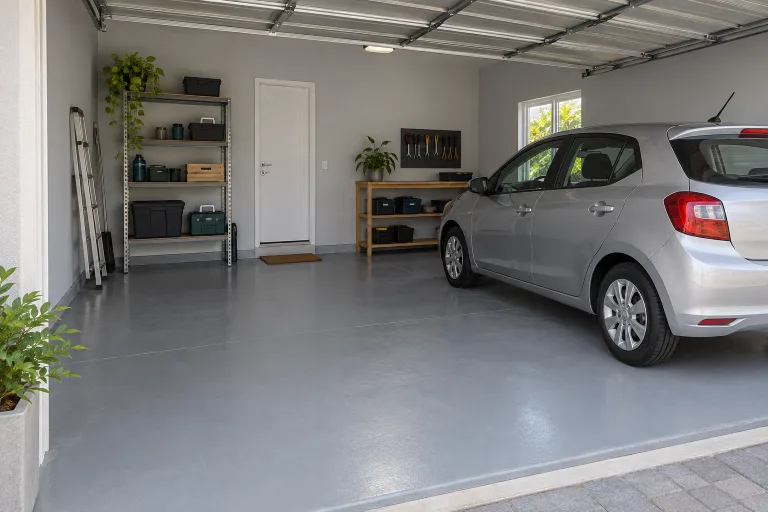 Garagem com paredes e piso cinza