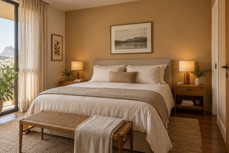 Quarto de casal com parede caramelo e roupa de cama clara
