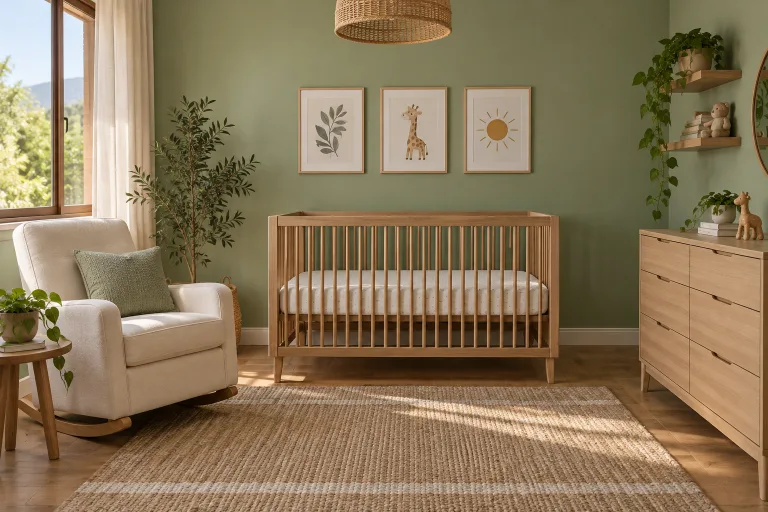 Quarto de bebê com parede verde e berço de madeira