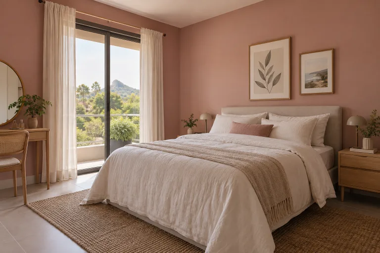 Quarto com paredes rosa e móveis de madeira clara