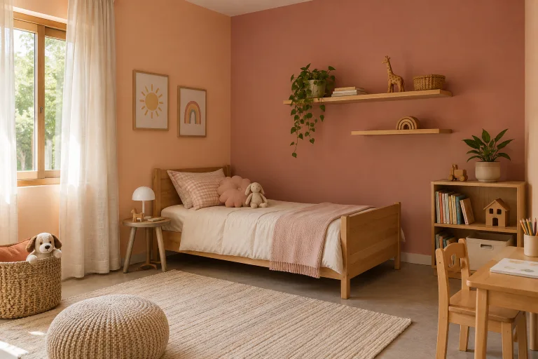 Quarto infantil com paredes em tons de pêssego