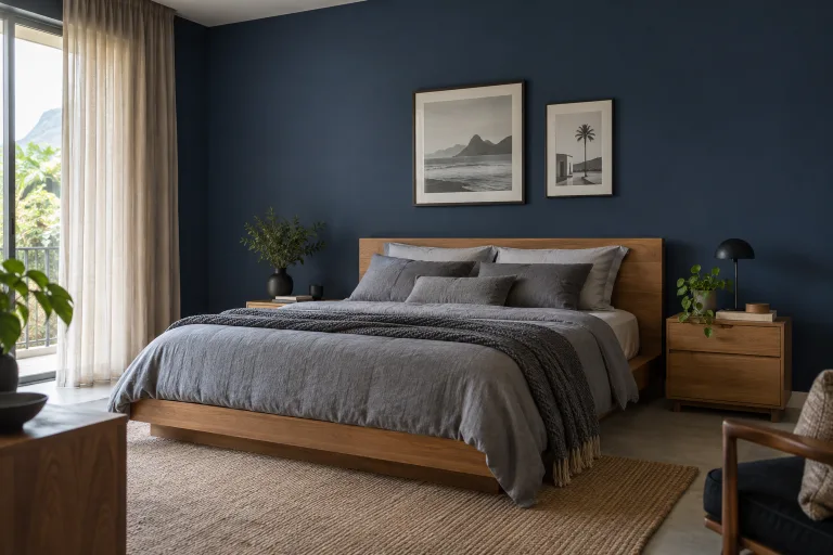 Quarto com parede azul-marinho e roupa de cama cinza