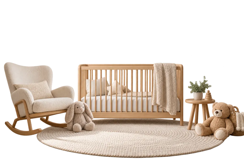 Móveis de quarto de bebê sobre uma parede com cor comparável