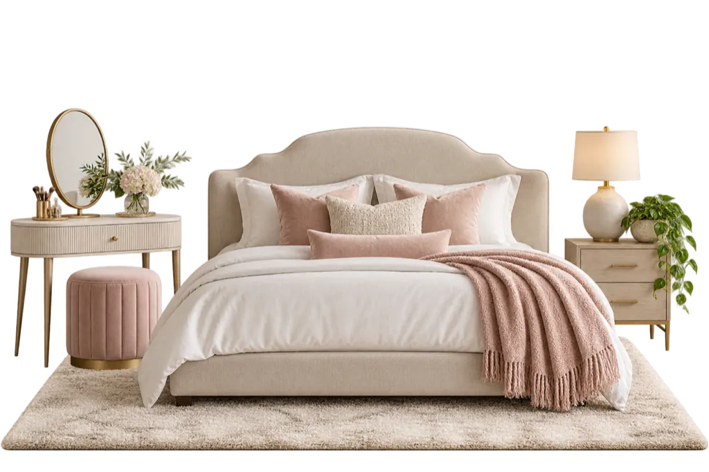 Móveis de quarto feminino sobre uma parede com cor comparável