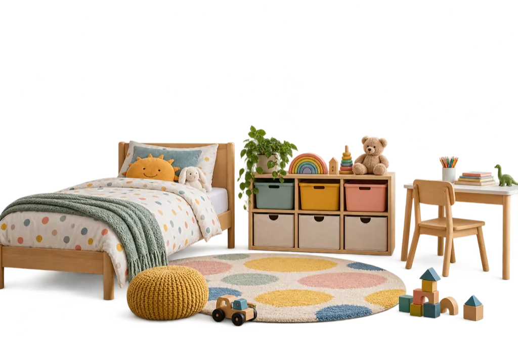 Móveis de quarto infantil sobre uma parede com cor comparável
